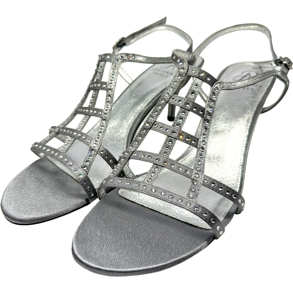 Adrianna Papell Women's Silver Satin Rhinestone Cage Kitten Heel Sandals 9.5M